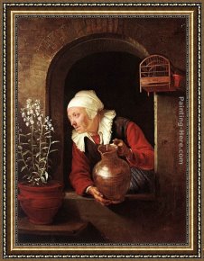 Calves Watering Framed Paintings - Old Woman Watering Flowers by Gerrit Dou