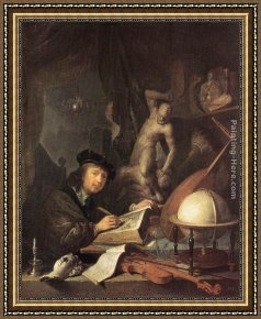 Painter in His Studio, Painting a Musical Company Framed Paintings - Painter in his Studio by Gerrit Dou