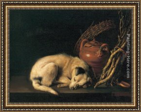 Sleeping Framed Paintings - Sleeping Dog with Terracotta Jug, Basket and Kindling Wood by Gerrit Dou