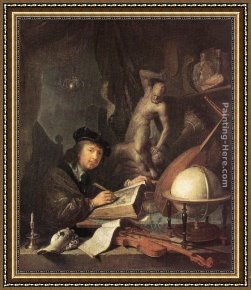 Painter in His Studio, Painting a Musical Company Framed Paintings - The Painter in his Studio by Gerrit Dou