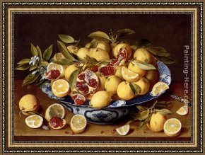 Floral Still Life in a Blue And White Porcelain Vase Framed Paintings - A Still Life Of A Wanli Kraak Porcelain Bowl Of Citrus Fruit And Pomegranates On A Wooden Table by Gerrit van Honthorst