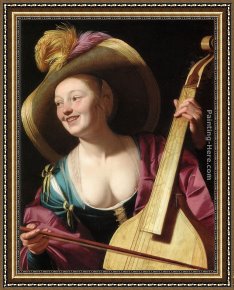 Playing Framed Paintings - A young woman playing a viola da gamba by Gerrit van Honthorst