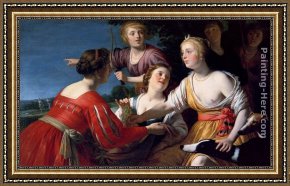 Diana And Acteon Framed Paintings - Diana Resting After The Hunt, With Shepherdesses And Two Greyhounds, A Landscape Beyond by Gerrit van Honthorst