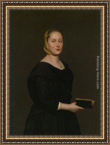 Her Favorite Book Framed Paintings - Portrait of Donna Alba Regina del Ferro - three quarter length in a black dress holding a book by Giacomo Ceruti