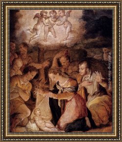 Shepherd Framed Paintings - The Nativity With The Adoration Of The Shepherds by Giorgio Vasari