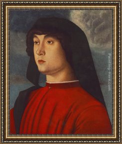 Portrait of a Young Man (detail) Framed Paintings - Portrait of a Young Man in Red by Giovanni Bellini