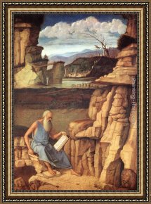 St Jerome Framed Paintings - St. Jerome Reading in the Countryside by Giovanni Bellini