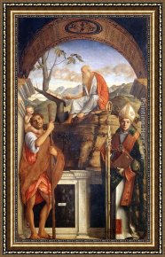 St Jerome Framed Paintings - Sts Christopher, Jerome and Ludwig of Toulouse by Giovanni Bellini