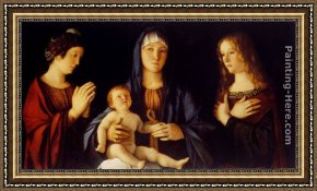 Gentile Bellini Framed Paintings - Virgin And Child Between St. Catherine And St. Mary Magdalen by Giovanni Bellini