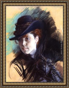 Giovanni Framed Paintings - Girl In A Black Hat by Giovanni Boldini