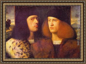 Portrait of a Young Man (detail) Framed Paintings - Portrait of Two Young Men by Giovanni Cariani