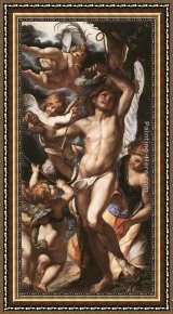 Cesare Framed Paintings - St Sebastian Tended by Angels by Giulio Cesare Procaccini