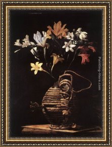 Flask Framed Paintings - Flowers in a Flask by Guido Cagnacci