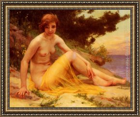 Eze-sur-mer Framed Paintings - Nu Sur La Plage by Guillaume Seignac