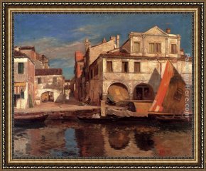 Totes Meer Mit Moabitergebirge, Abendstimmung Framed Paintings - Kanalszene In Chioggia Mit Bragozzo by Gustav Bauernfeind