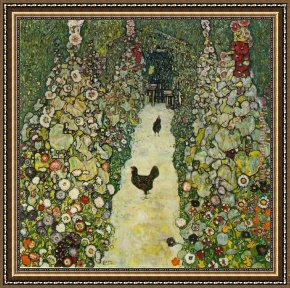 Whiteback Chicken Framed Paintings - Garden Path with Chickens by Gustav Klimt