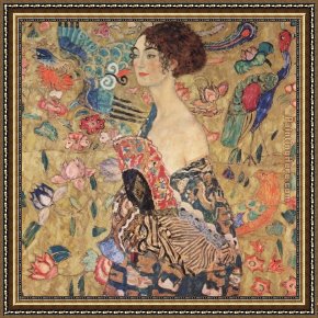 Lady in Her Boudoir Framed Paintings - lady with fan by Gustav Klimt