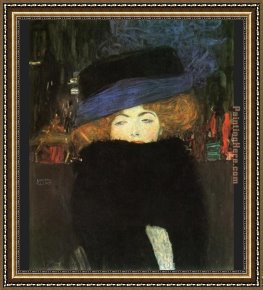 Lady in Her Boudoir Framed Paintings - lady with hat and feather boa by Gustav Klimt