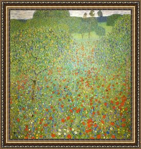 Field of Red And Gold Framed Paintings - Poppy Field by Gustav Klimt