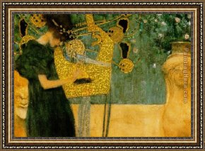Guitar And Music Pape Framed Paintings - The Music (gold foil) by Gustav Klimt