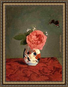 Floral Still Life in a Blue And White Porcelain Vase Framed Paintings - Garden Rose and Blue Forget-Me-Nots in a Vase by Gustave Caillebotte