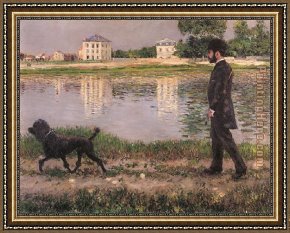 Richard Leblanc Framed Paintings - Richard Gallo and His Dog at Petit Gennevilliers by Gustave Caillebotte