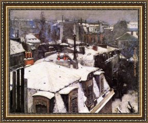 Pheasants in The Snow Framed Paintings - Rooftops Under Snow by Gustave Caillebotte