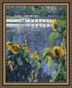 Bank Framed Paintings - Sunflowers on the Banks of the Seine by Gustave Caillebotte