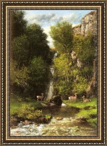 Landscape with Waterfall Framed Paintings - A Family of Deer in a Landscape with a Waterfall by Gustave Courbet