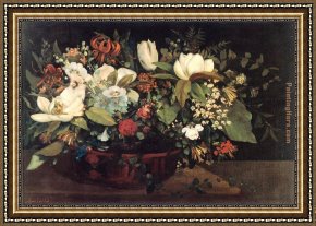 Mercado De Flores (the Flower Vendor) Framed Paintings - Basket of Flowers by Gustave Courbet