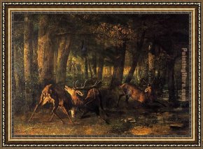 Battle Framed Paintings - Battle of the Stags by Gustave Courbet