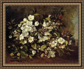 Courbet Framed Paintings - Flowering Apple Tree Branch by Gustave Courbet