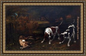 A Hunting Morn Framed Paintings - Hunting Dogs by Gustave Courbet