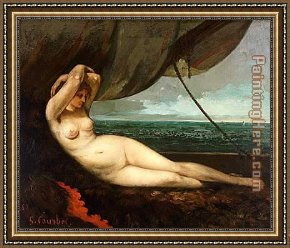 Courbet Framed Paintings - Nude reclining by the sea by Gustave Courbet