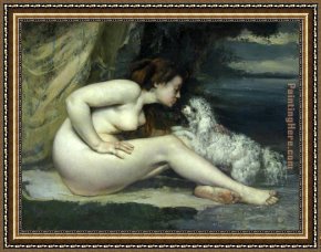 Gustave Framed Paintings - Nude woman with a dog by Gustave Courbet