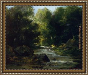 A River Landscape in Springtime Framed Paintings - River Landscape by Gustave Courbet