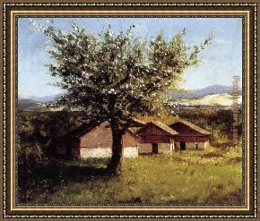 Courbet Framed Paintings - Swiss Landscape with Flowering Apple Tree by Gustave Courbet