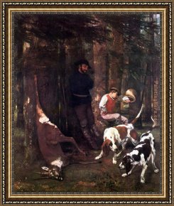 A Hunting Morn Framed Paintings - The booty hunting with dogs by Gustave Courbet