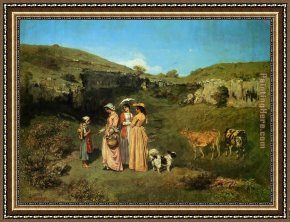 Ladies at The Milliners Framed Paintings - The Young Ladies of the Village by Gustave Courbet