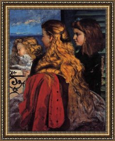 Old English Pheasant Framed Paintings - Three English Girls at a Window by Gustave Courbet