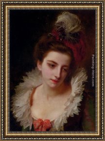 Portrait of a Lady Holding a Fan Framed Paintings - Portrait Of A Lady With A Feathered Hat by Gustave Jean Jacquet