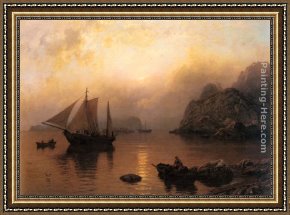 Sunrise Framed Paintings - Fishing Party At Sunrise by Hans Fredrik Gude