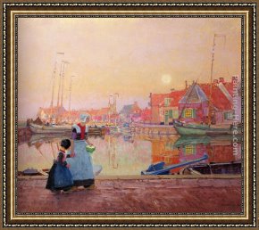Village Street And Stairs with Figures Framed Paintings - A Dutch Fishing-Village At Dusk With Figures On A Quay by Hans Herrmann