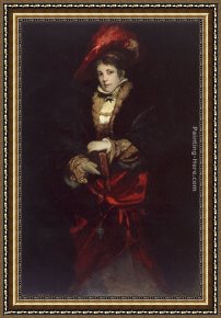 Hans Makart Framed Paintings - Portrait of a Lady with Red Plumed Hat by Hans Makart