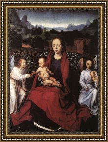 Virgin Enthroned with Angels Framed Paintings - Virgin and Child in a Rose-Garden with Two Angels by Hans Memling