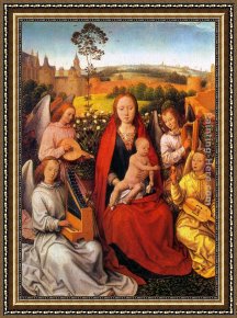Virgin Enthroned with Angels Framed Paintings - Virgin and Child with Musician Angels by Hans Memling