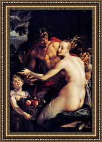 The Education of Cupid Framed Paintings - Bacchus, Ceres and Cupid by Hans von Aachen