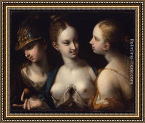 The Toilette of Venus Framed Paintings - Pallas Athena, Venus and Juno by Hans von Aachen