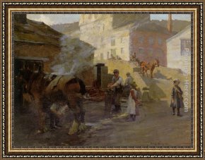 Blacksmith at His Forge Framed Paintings - The Blacksmiths Forge Newlyn by Harold Harvey