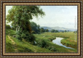 A River Landscape in Springtime Framed Paintings - An Extensive River Landscape With A Young Girl Balancing On A Gate by Harry Sutton Palmer